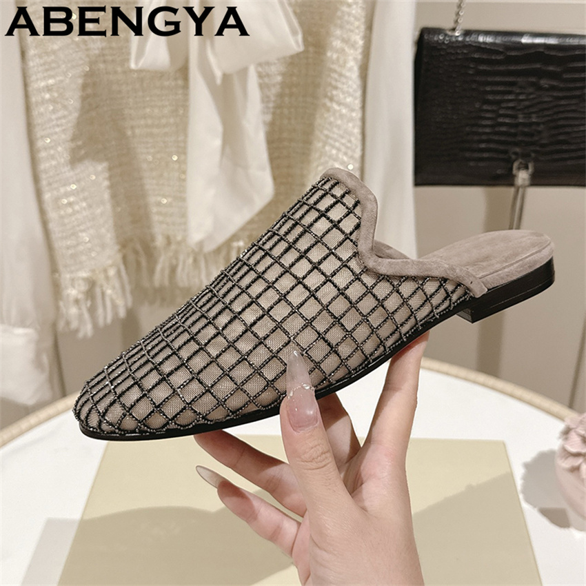 반짝이는 레이스 메쉬 라운드 토 플랫 슬리퍼 여성용 블 - The Ethnic Fashion 리뷰 및 가격