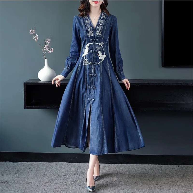 에스닉 스타일 싱글 버클 디자인 레트로 긴팔 드레스 2 - Ethnic Fashion Designer 리뷰 및 가격