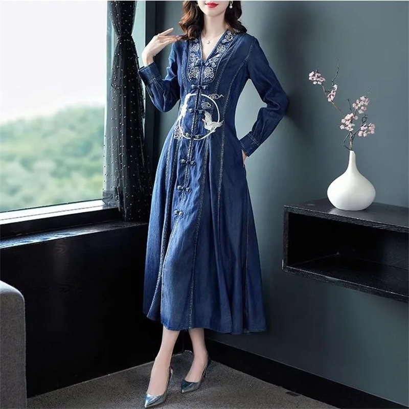 에스닉 스타일 싱글 버클 디자인 레트로 긴팔 드레스 2 - Ethnic Fashion Designer 리뷰 및 가격